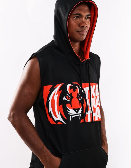 red and black sleeveless hoodie