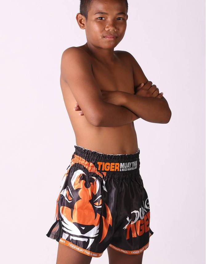 Kids Muay Thai Shorts - "Young Tiger" - Black & Orange