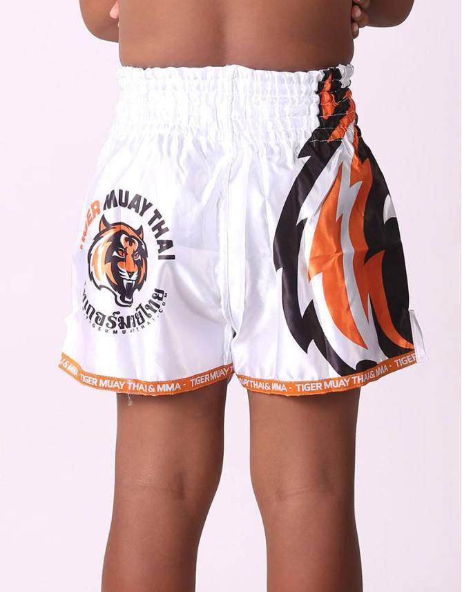 Kids Muay Thai Shorts - "Young Tiger" - White & Orange