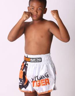 Kids Muay Thai Shorts - "Young Tiger" - White & Orange