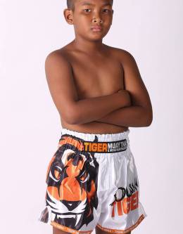 Kids Muay Thai Shorts - "Young Tiger" - White & Orange