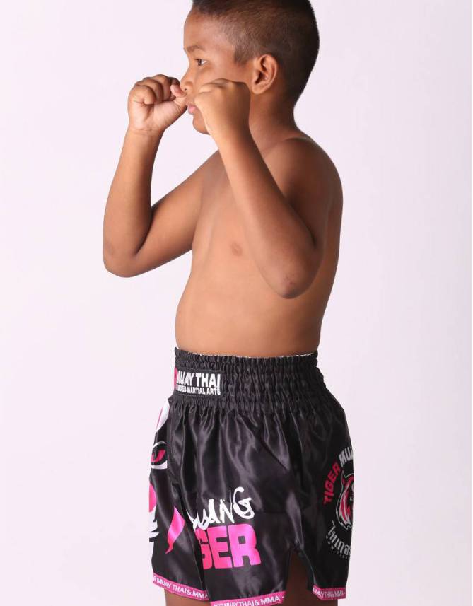 Kids Muay Thai Shorts - "Young Tiger" - Black & Pink