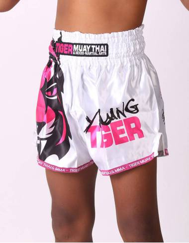 Kids Muay Thai Shorts - "Young Tiger" - White & Pink