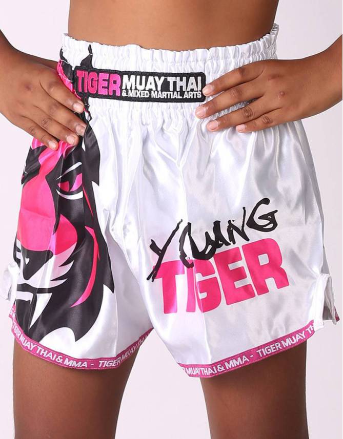 Kids Muay Thai Shorts - "Young Tiger" - White & Pink