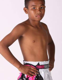 Kids Muay Thai Shorts - "Young Tiger" - White & Pink