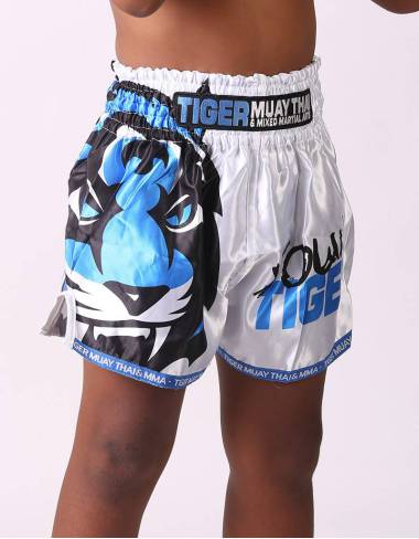 Kids Muay Thai Shorts - "Young Tiger" - White & Blue