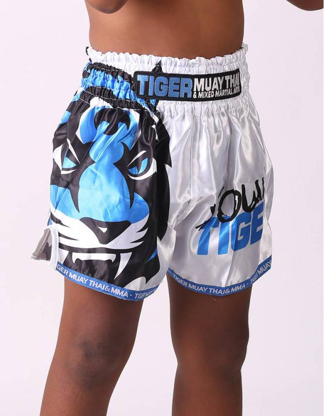 Kids Muay Thai Shorts - "Young Tiger" - White & Blue