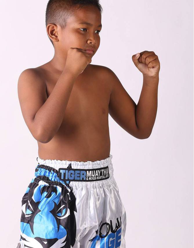 Kids Muay Thai Shorts - "Young Tiger" - White & Blue