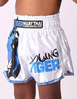 Kids Muay Thai Shorts - "Young Tiger" - White & Blue